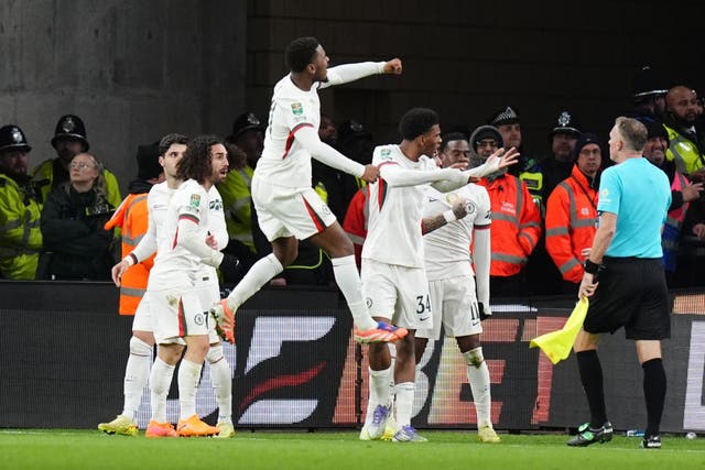 Chelsea’s Jamie Gittens (centre) celebrates with team mates after scoring in the 4-3 Carabao Cup win over Wolves (Jacob King/PA).