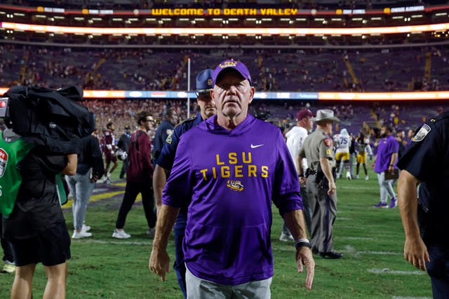 <p>Departing head coach Brian Kelly of the LSU Tigers leaves the field after his final game against the Texas A&M Aggies at Tiger Stadium in Baton Rouge, Louisiana, on October 25 2025</p>