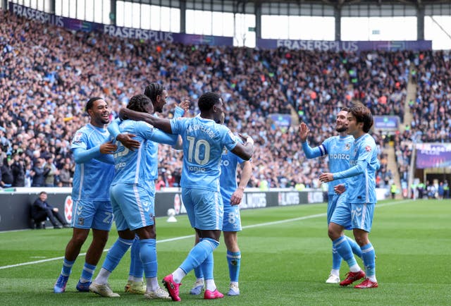 <p>Brandon Thomas-Asante of Coventry City celebrates scoring</p>