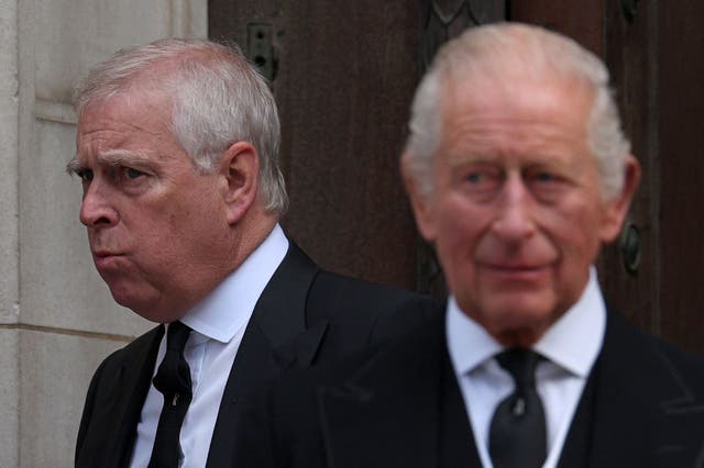 <p>Prince Andrew, Duke of York (L) and Britain's King Charles III leave following a Requiem Mass, a Catholic funeral service, for the late Katharine, Duchess of Kent, at Westminster Cathedral </p>