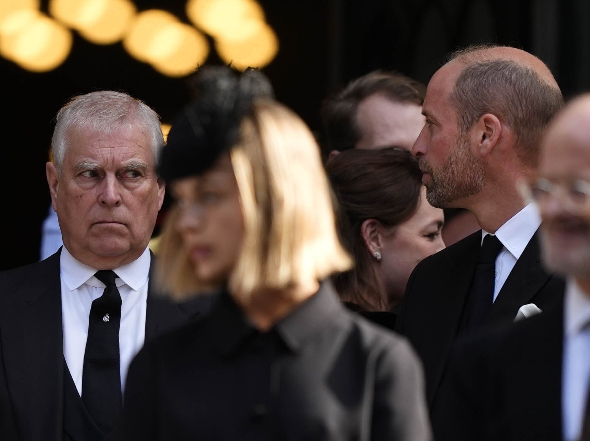 <p>Prince Andrew, Duke of York and Prince William, Prince of Wales leave after the Requiem Mass service for the Duchess of Kent, at Westminster Cathedral on September 16, 2025 in London, England</p>