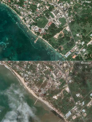 Satellite images show a fishing village in White House, Jamaica, before and after Hurricane Melissa struck the island