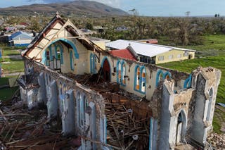 The church of Lacovia Tombstone, Jamaica, sits damaged in the aftermath of Hurricane Melissa, Wednesday