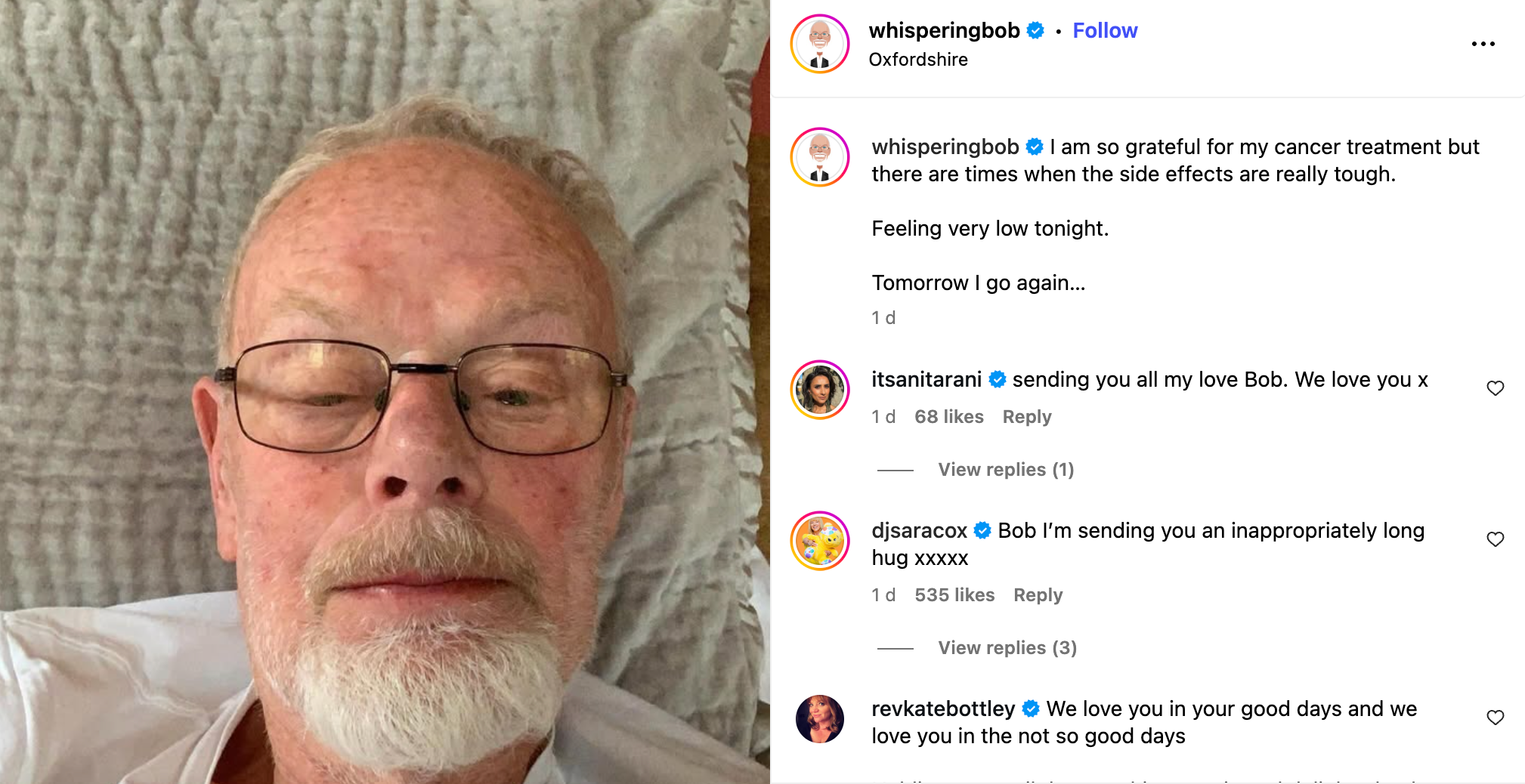 Bob Harris told his followers he was ‘feeling low’ due to side effects of his treatment for prostate cancer