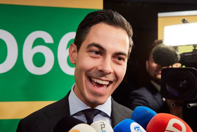 <p>D66 leader Rob Jetten addresses the media on October 30 after votes began to surge for his party in the Dutch election</p>