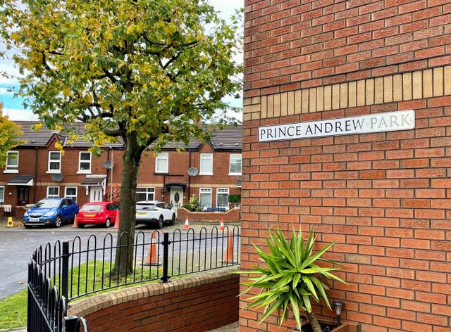 <p>A street sign for Prince Andrew Park in south Belfast, Northern Ireland</p>