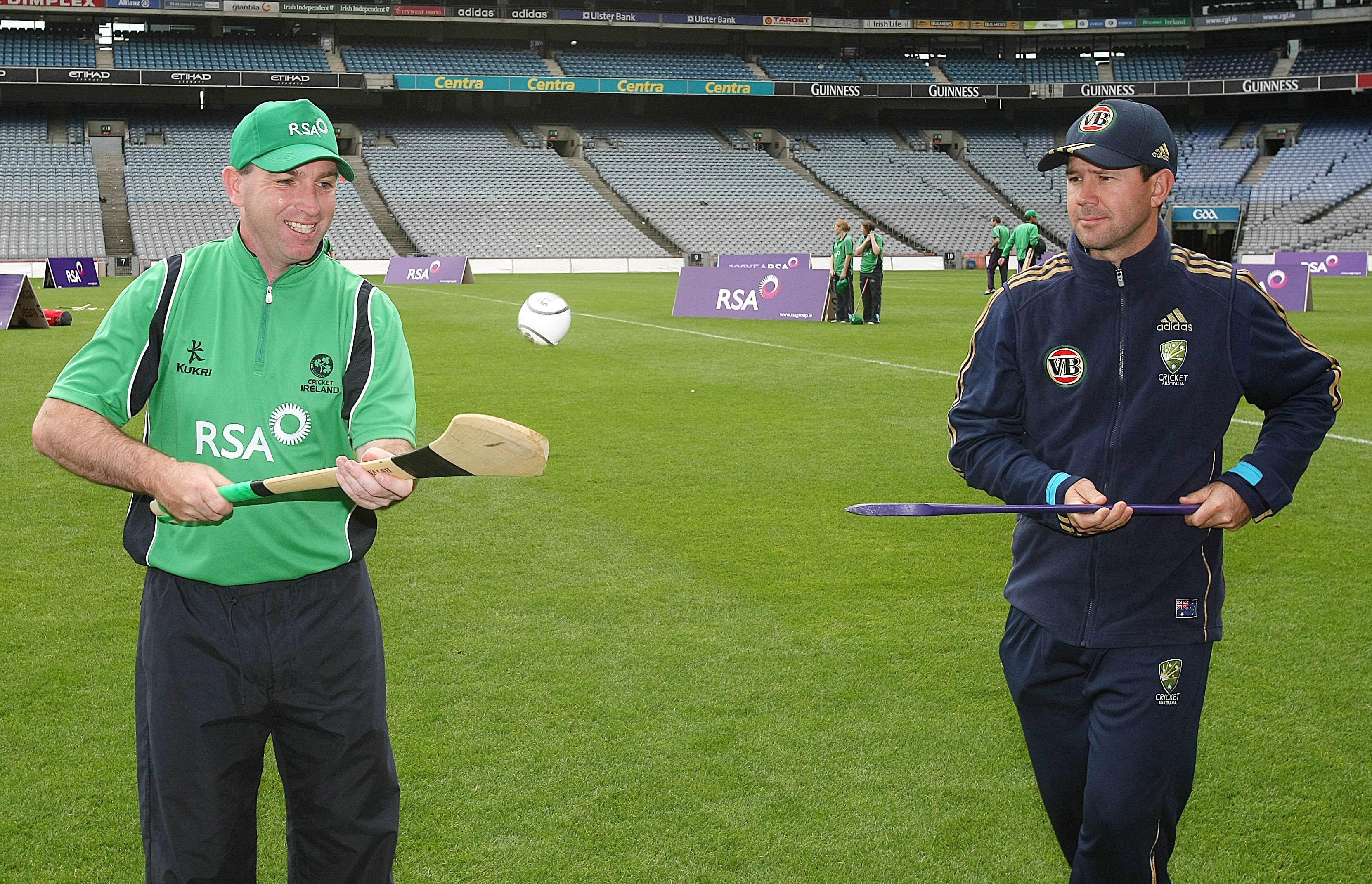 <p>DJ Carey with Australia cricket captain Ricky Ponting during a media event at Croke Park, Dublin in 2010 (PA)</p>