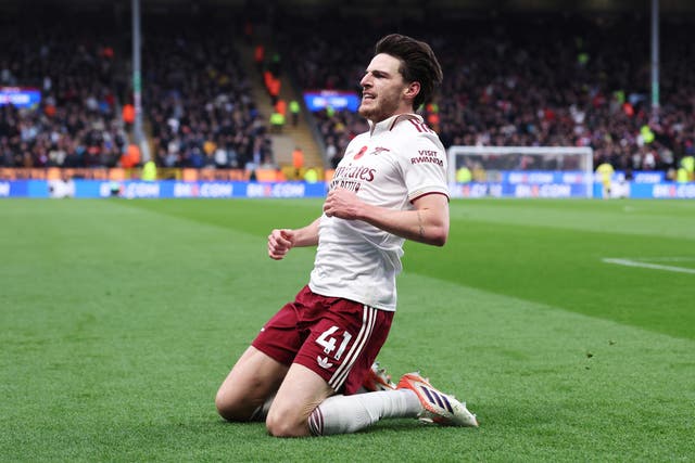 <p>Declan Rice celebrates after scoring Arsenal's second goal against Burnley</p>