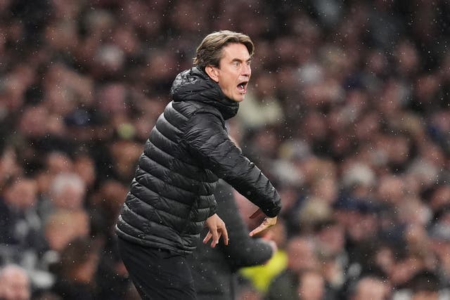 <p>Thomas Frank urges on his team from the sideline</p>