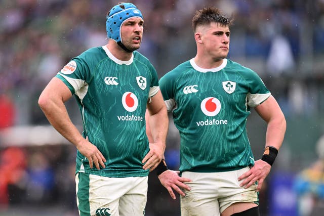 Dan Sheehan, right, was unable to lead Ireland to victory over New Zealand following an early red card for team-mate Tadhg Beirne, left (Domenico Cippitelli/PA)
