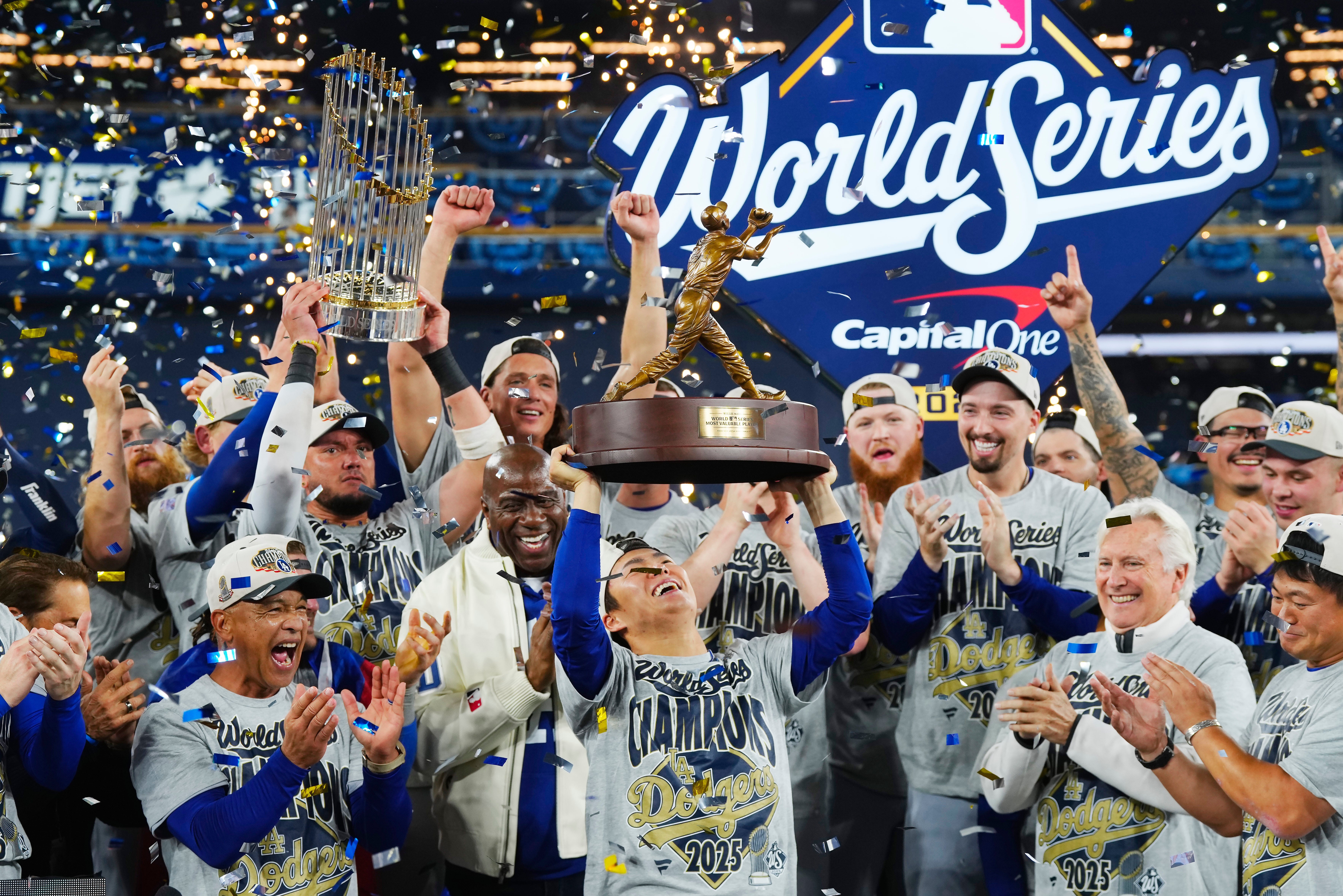 <p>Dodgers celebrate winning the World Series</p>