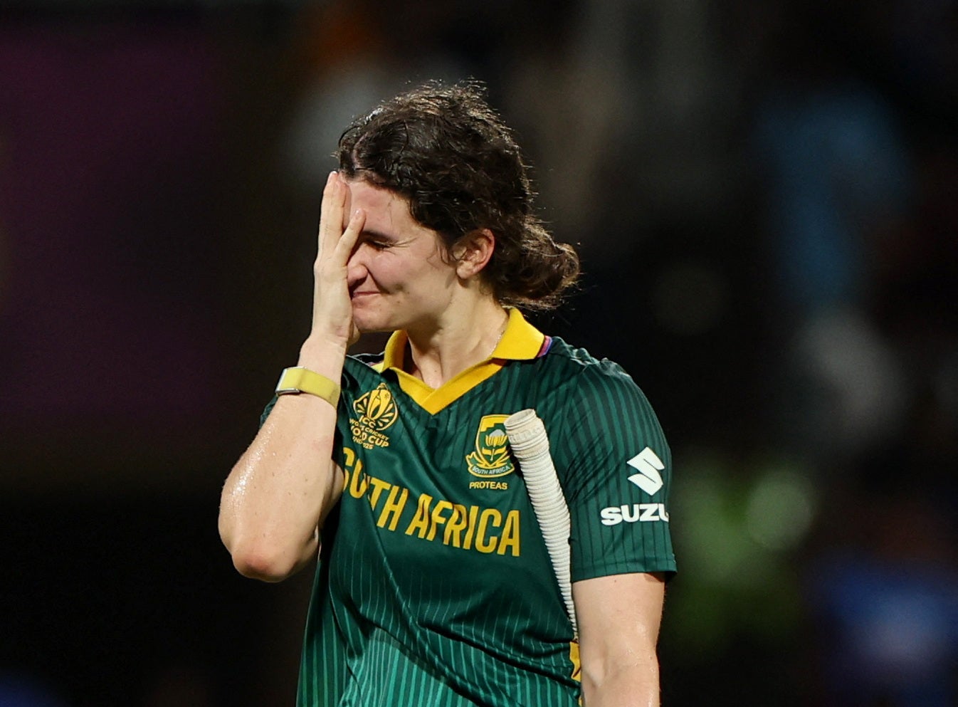 South Africa's Laura Wolvaardt looks dejected after her wicket is taken