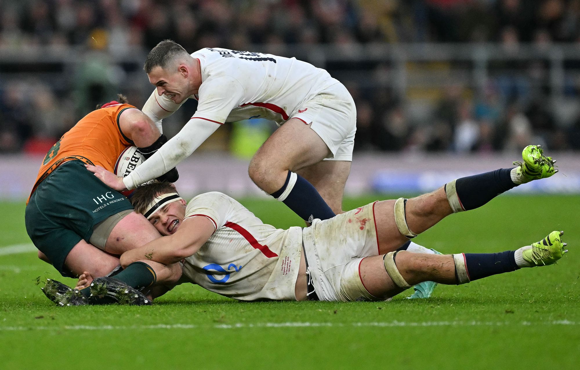 <p>Guy Pepper (bottom) was at the heart of England's defensive showing against Australia</p>