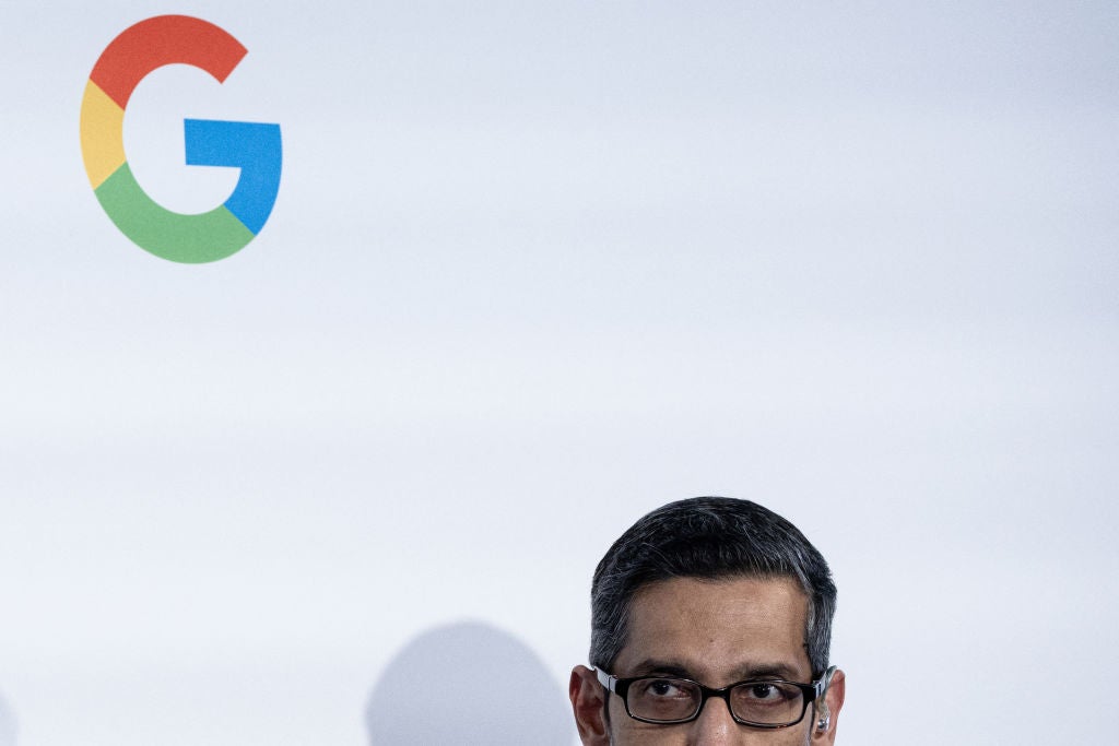 <p>Google CEO Sundar Pichai speaks during the inauguration of a Google AI hub in Paris on 15 February, 2024</p>