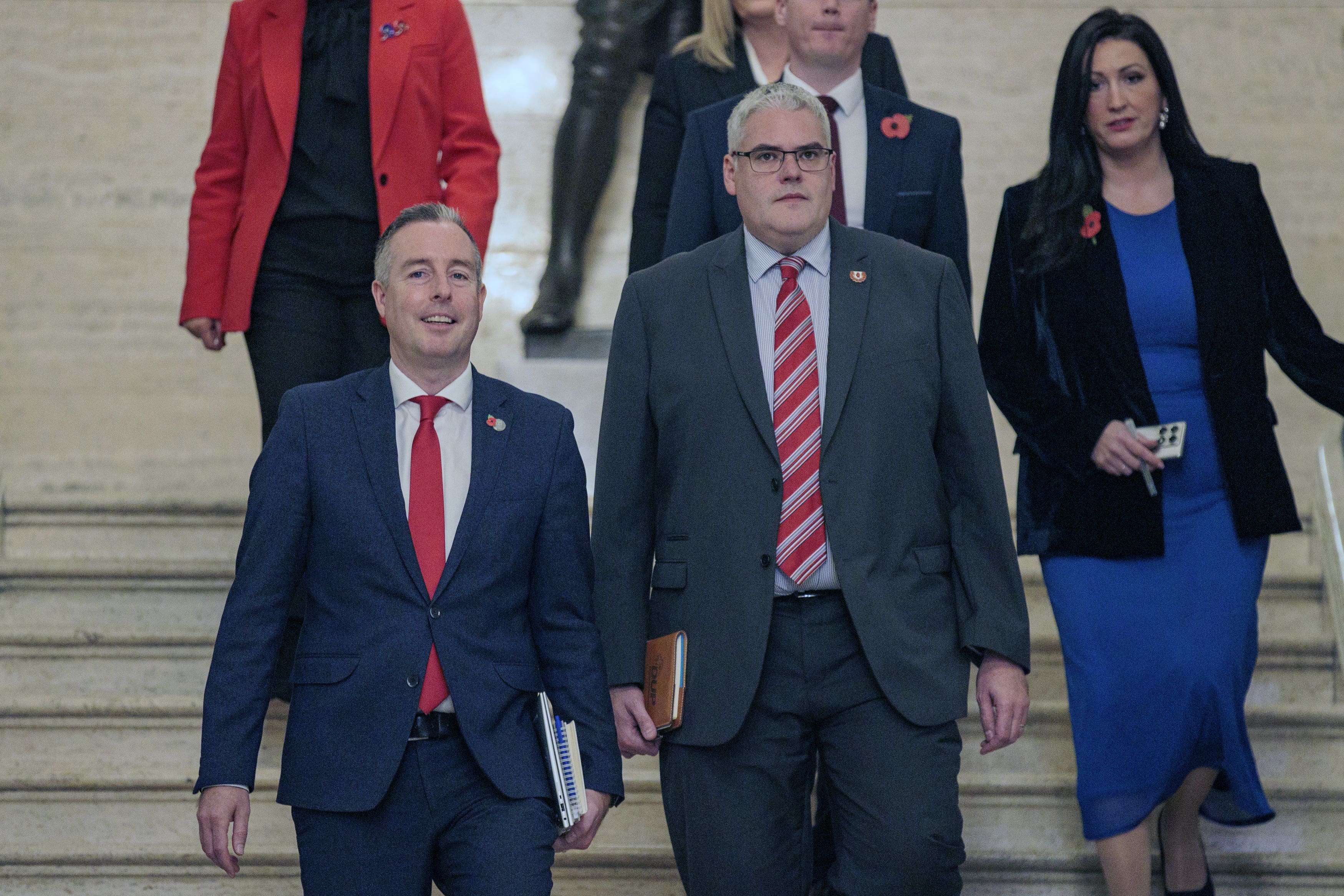 Stormont Education Minister Paul Givan (left) and DUP leader Gavin Robinson MP ahead of a press conference at Parliament Buildings, Stormont, to address calls for Mr Givan to resign following his trip to Israel last week. (Liam McBurney/PA)