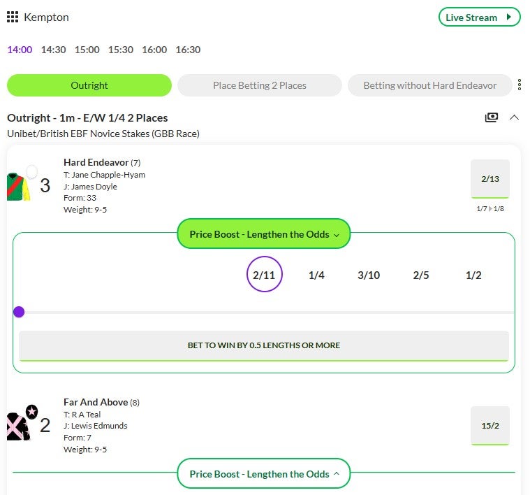 Puntit give the option to boost the odds on whichever runner you are backing with their lengthen the odds feature