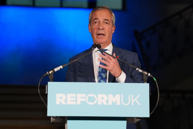 Reform UK leader Nigel Farage delivers a speech at Banking Hall in the City of London (Lucy North/PA)
