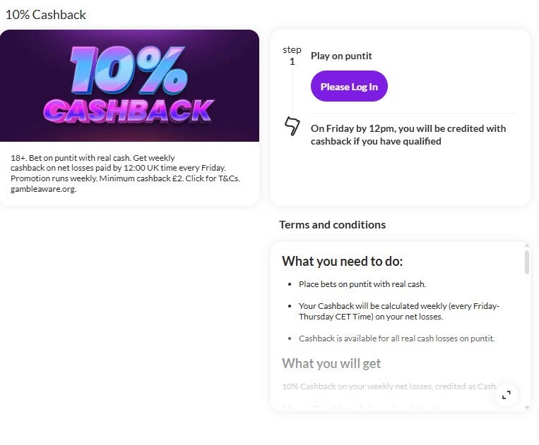 Puntit give bettors 10% back in cash on all net losses each week