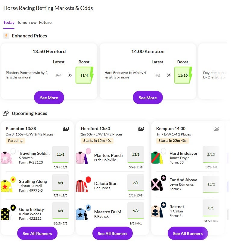 Puntit make it easy to find their daily price boosts by displaying them on the racing homepage