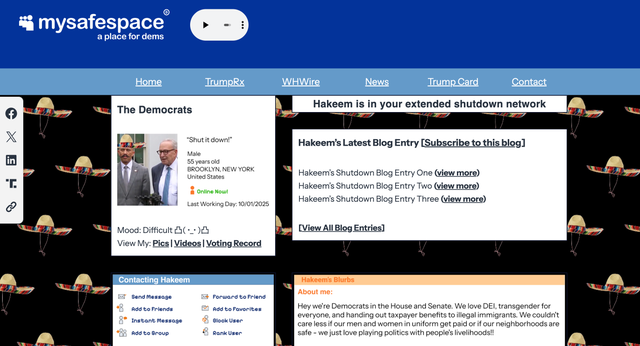 <p>The White House's MySpace parody site mocking Democrats over the government shutdown</p>