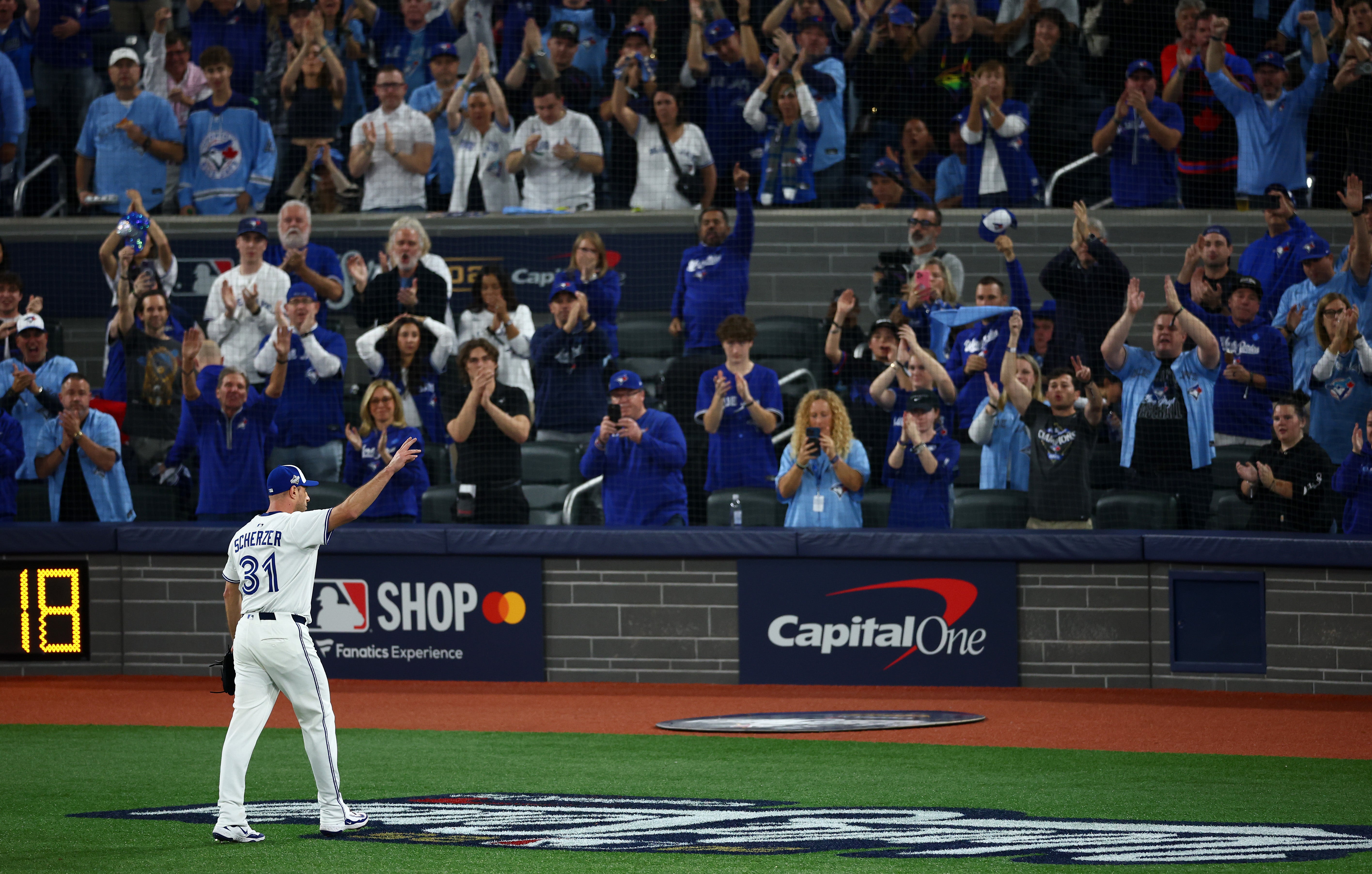 Blue Jays' Scherzer waves to fans after losing