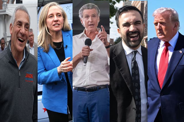 <p>(L-R): Republican candidate for New Jersey governor Jack Ciattarelli, Virginia Democratic nominee for governor Abigail Spanberger, California Gov. Gavin Newsom, New York City Democratic nominee Zohran Mamdani and President Donald Trump’s fates will be determined on Tuesday. </p>