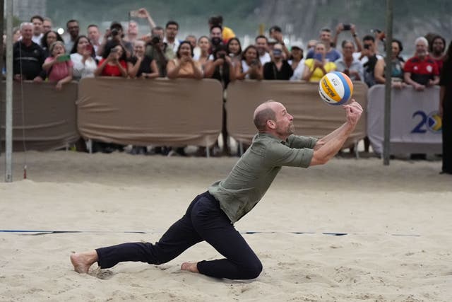The Prince of Wales takes part in a game of volleyball on day one of his visit to Brazil for the annual Earthshot Prize Awards (Aaron Chown/PA)