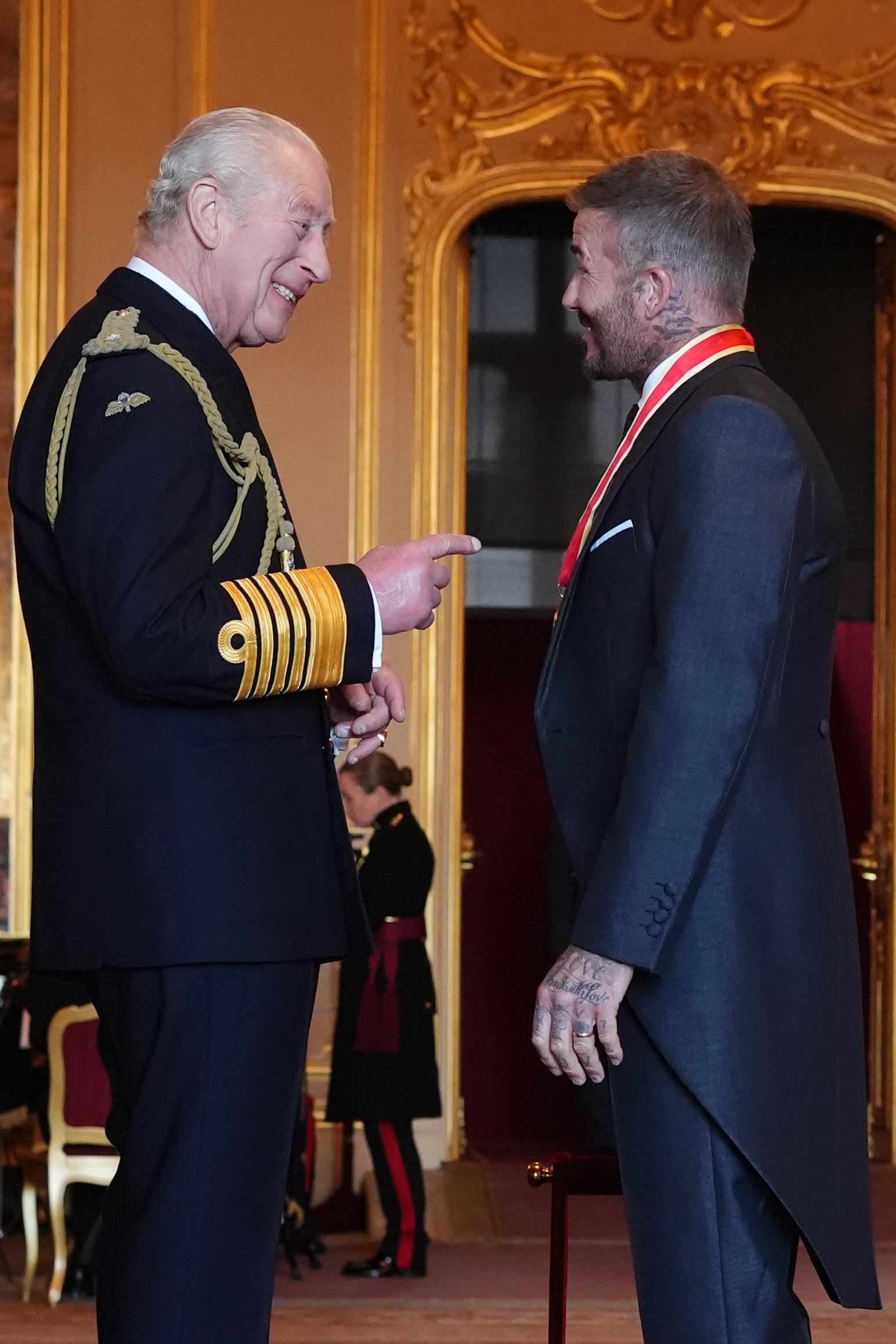 <p>Sir David Beckham is made a Knight Bachelor by King Charles III during an Investiture ceremony at Windsor Castle</p>