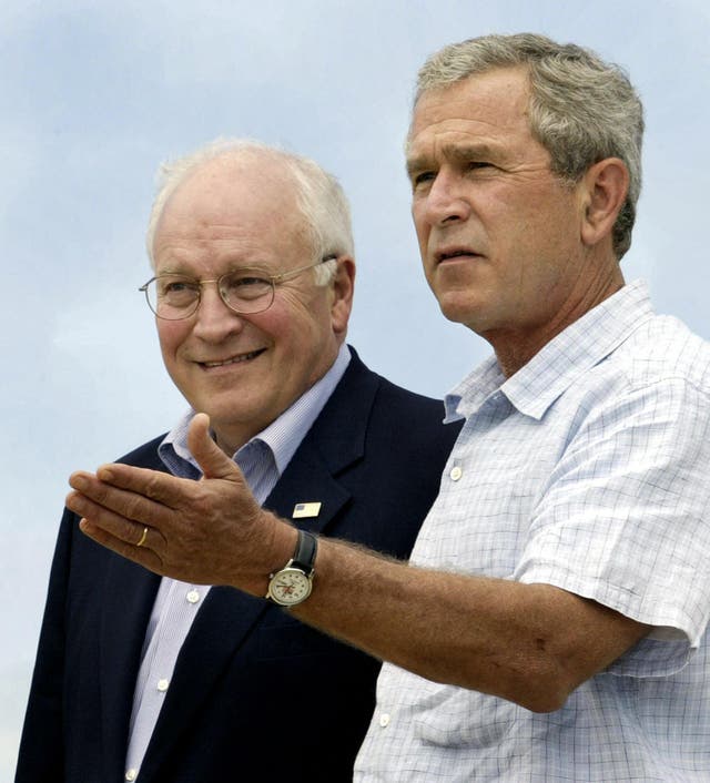 <p>US President George W. Bush (L) speaks to reporters as US Vice President Dick Cheney looks on 23 August 2004 at Bush's Crawford, Texas ranch. Bush spoke after his Defense Policy and Program Teams meeting held annually at the ranch     </p>