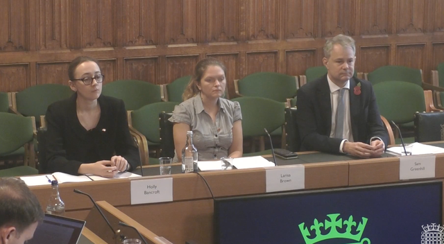<p>Holly Bancroft of The Independent, Larisa Brown of ‘The Times’ and Sam Greenhill of the ‘Daily Mail’ address MPs at the defence select committee</p>
