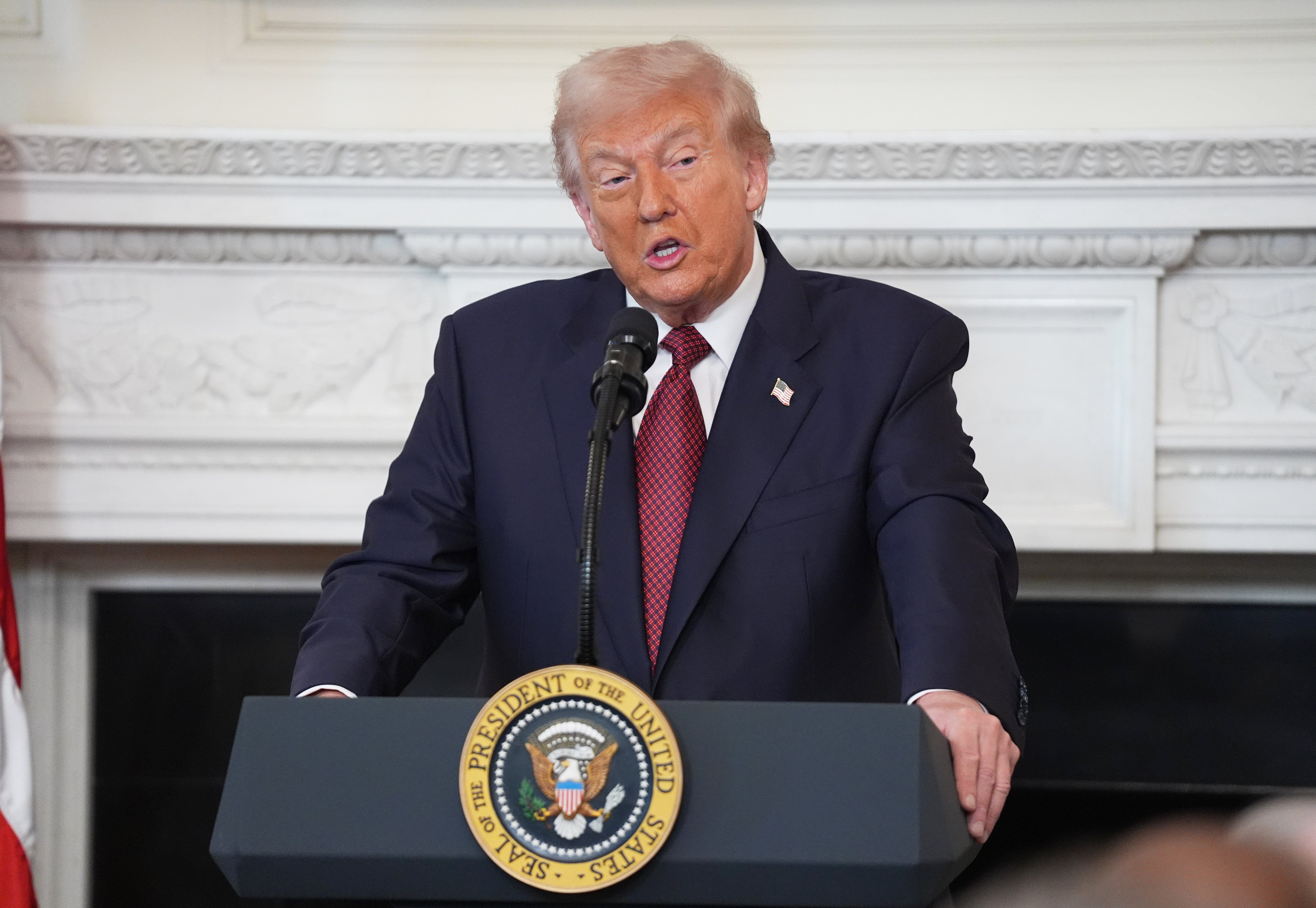<p>President Donald Trump speaks during a breakfast with Senate and House Republicans in the State Dining Room of the White House, Wednesday, Nov. 5, 2025, in Washington</p>