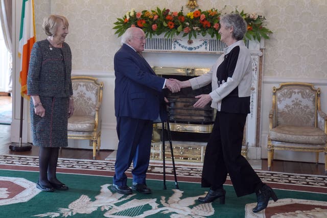 President Michael D Higgins and his wife Sabina receive Catherine Connolly at Aras an Uachtarain, Dublin (Brian Lawless/PA)