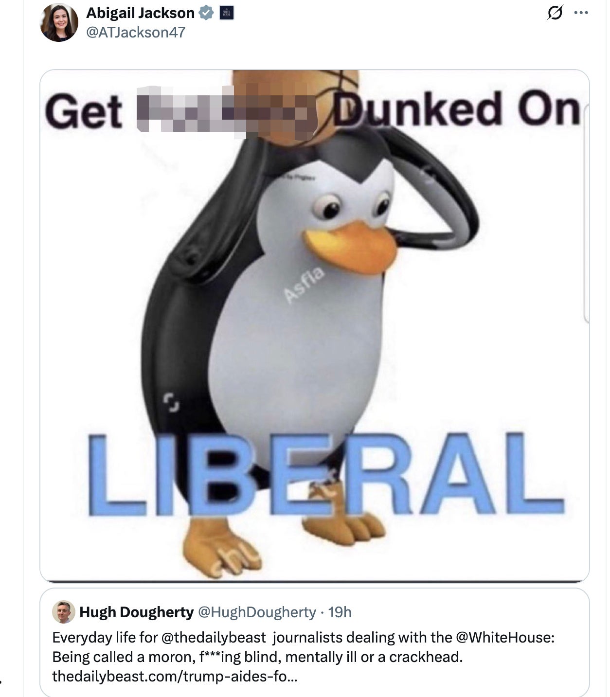 Abigail Jackson’s post responding to a journalist included a meme picturing a cartoon penguin holding a basketball with the caption ‘getting f****** dunked on liberal’