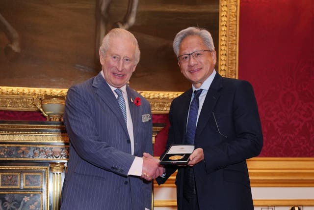 <p>The King presents the 2025 Queen Elizabeth Prize for Engineering to Jensen Huang (Yui Mok/PA)</p>