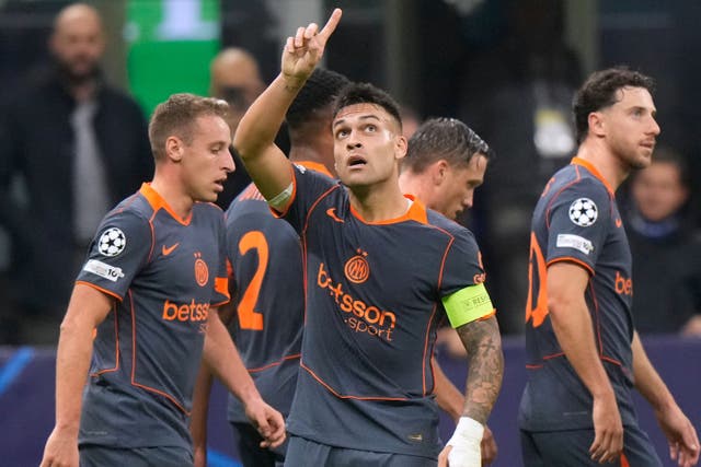 Lautaro Martinez celebrates after scoring for Inter Milan versus Kairat (AP Photo/Luca Bruno/PA