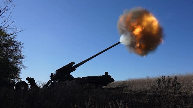 <p>In this image, made from video and provided by Russian Defense Ministry Press Service on Thursday, Nov. 6, 2025, Russian soldiers fire a Malka self-propelled gun towards Ukrainian positions on an undisclosed location in Ukraine. (Russian Defense Ministry Press Service via AP)</p>