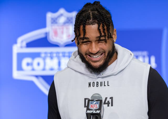 <p>Marshawn Kneeland speaks to the media during the 2024 NFL Draft Combine at Lucas Oil Stadium on February 28, 2024 in Indianapolis, Indiana</p>