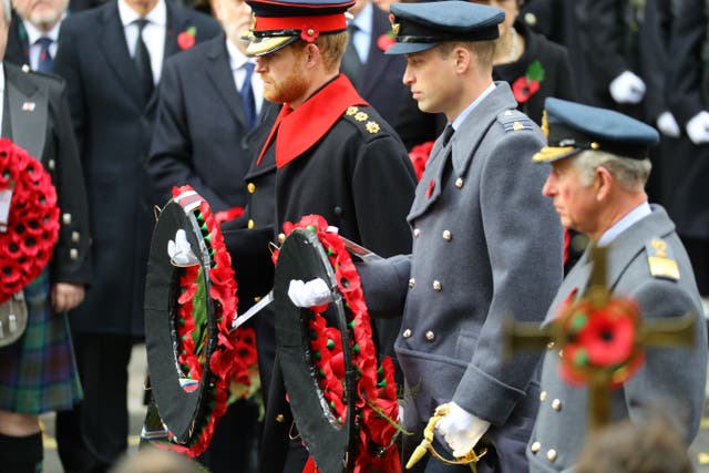 <p>Charles  with his sons William and Harry at the Cenotaph on Remembrance Sunday in 2017</p>