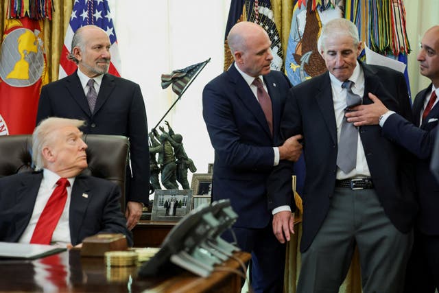 <p>U.S. President Donald Trump reacts while an attendee is helped as he collapses during an event to announce a deal with Eli Lilly and Novo Nordisk to reduce the prices of GLP-1 weightâ€‘loss drugs during an event in the Oval Office at the White House in Washington, D.C., U.S. November 6, 2025</p>