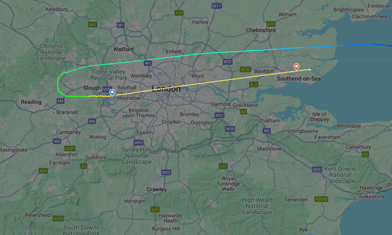 Almost any plane can now be followed online but there may be glitches, including this apparent diversion to Southend