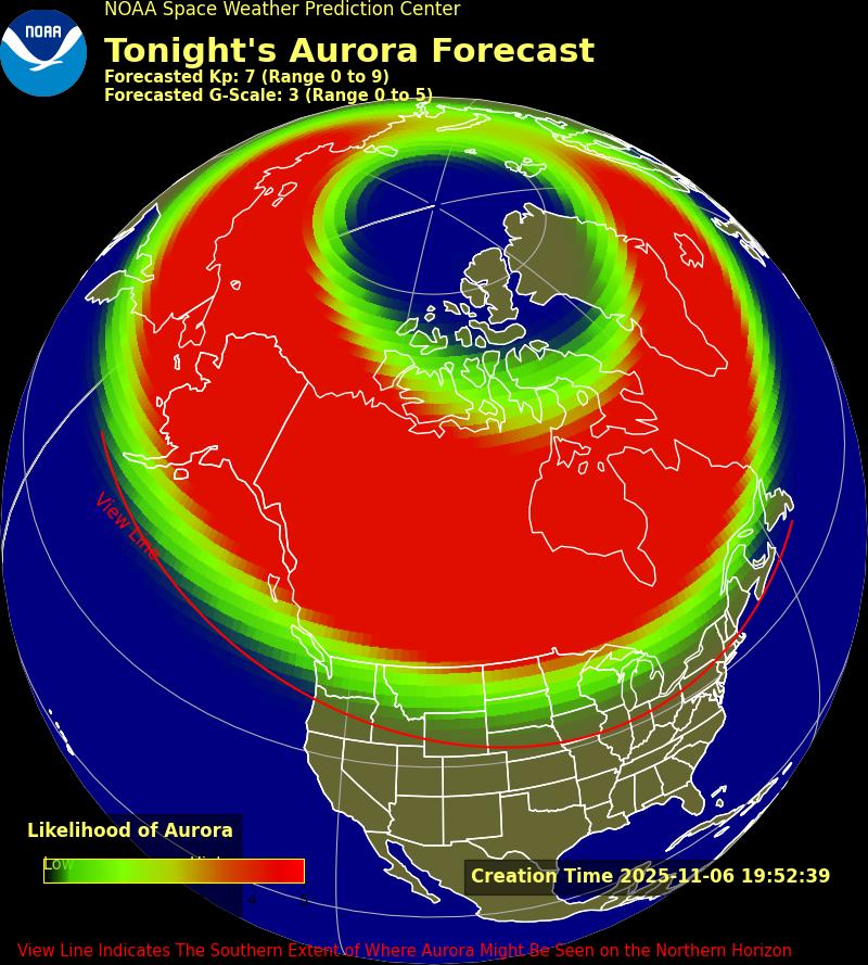 Eine Karte des Space Weather Prediction Center zeigt die erwarteten Auswirkungen über den USA am Donnerstagabend