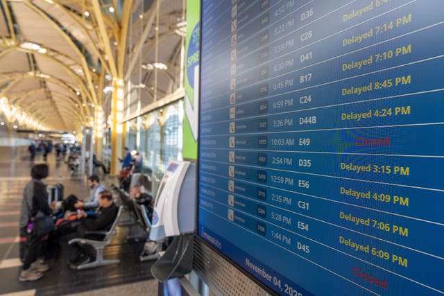 <p>El panel de salidas muestra varios vuelos retrasados en el Aeropuerto Nacional Ronald Reagan de Washington, el martes 4 de noviembre de 2025, en Arlington, Virginia. (AP Photo/Alex Brandon)</p>