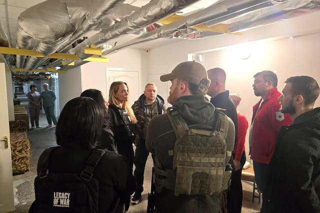 <p>Angelina Jolie meets medical staff and volunteers at an undisclosed location during her visit to Kherson and Mykolaiv in Ukraine on 5 November 2025</p>