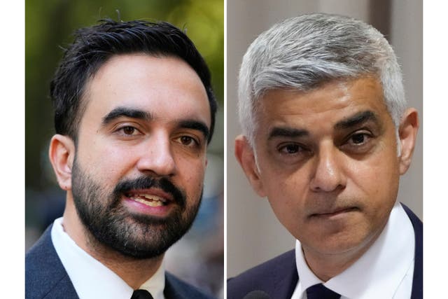<p>This photo combination shows New York City mayor-elect Zohran Mamdani in New York and London Mayor Sadiq Khan </p>