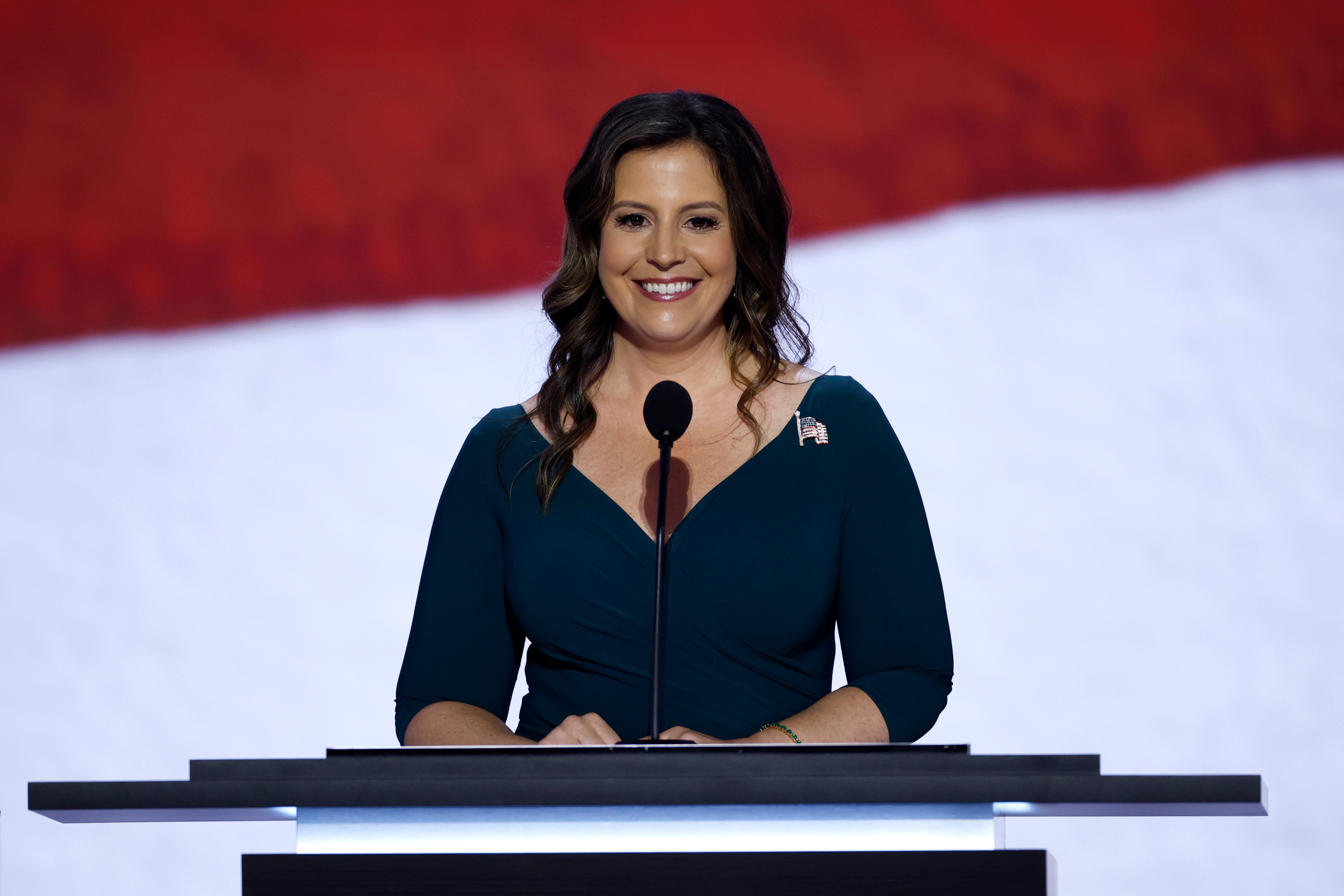 House Republican Conference Chair Rep. Elise Stefanik (R-NY) speaks on stage on the second day of the Republican National Convention at the Fiserv Forum on July 16, 2024