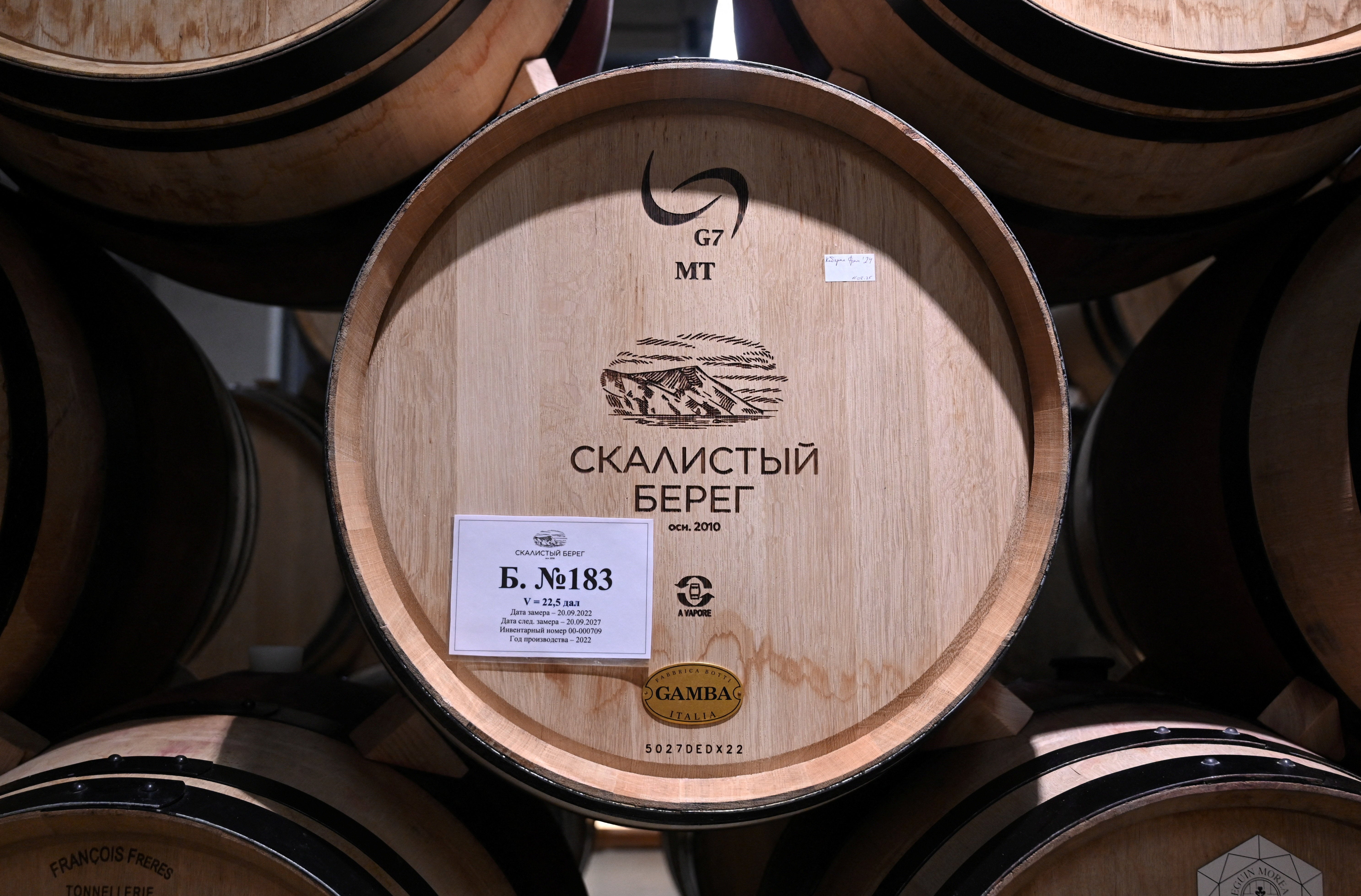 Wine barrels lie at Cote Rocheuse winery outside the Black Sea resort of Anapa in the Krasnodar region, Russia, October 8, 2025. REUTERS/Sergey Pivovarov