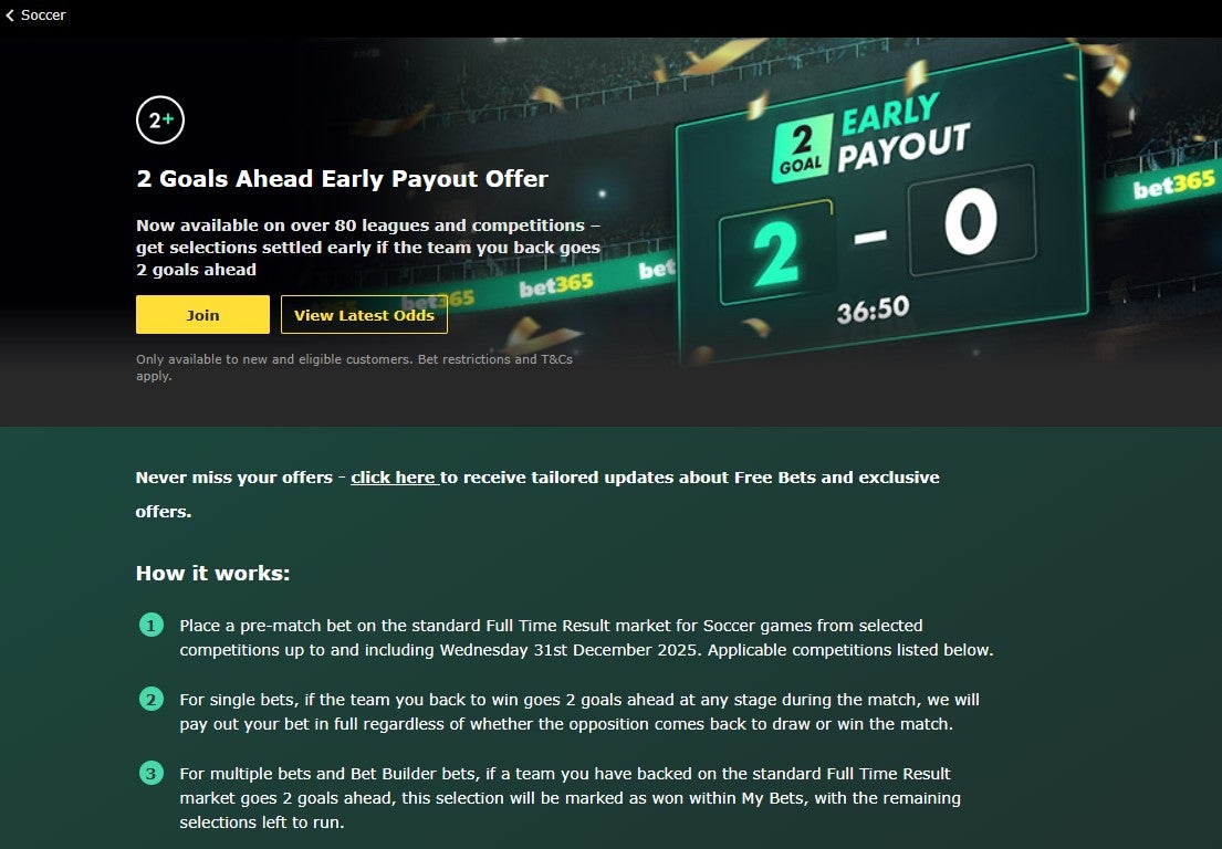 Bet365's early payout offer covers a huge range of football competitions