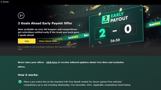 Bet365's early payout offer covers a huge range of football competitions