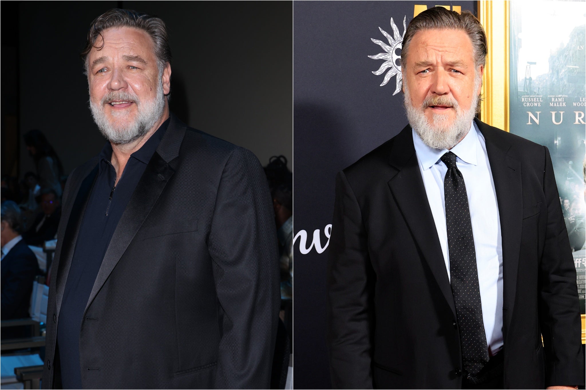 <p>Russell Crowe before his weight loss (on left) and after his weight loss (on right)</p>