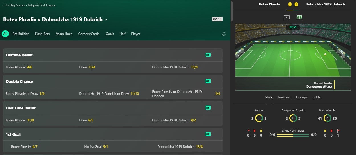 Bet365 have an excellent in-play football betting service with live stats, match graphics and live streaming on selected competitions.